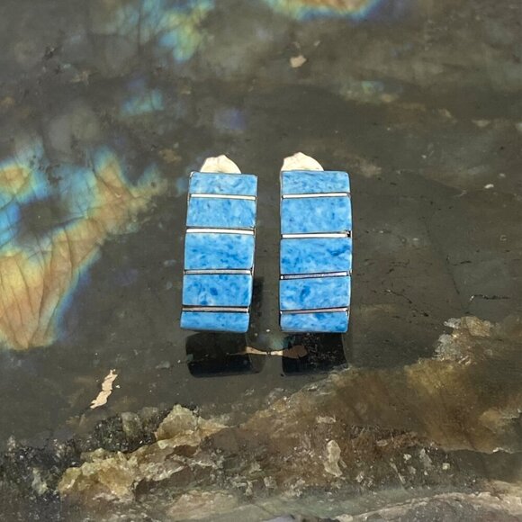 Sterling Silver 925 Southwest Style Blue Sodalite Inlay Quarter Hoop Earrings - Picture 1 of 16